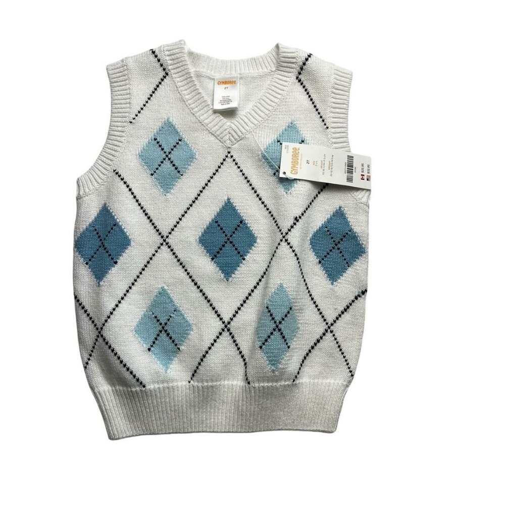 Gymboree Toddler Boys White and Blue Argyle Sweater Vest New Size 2&